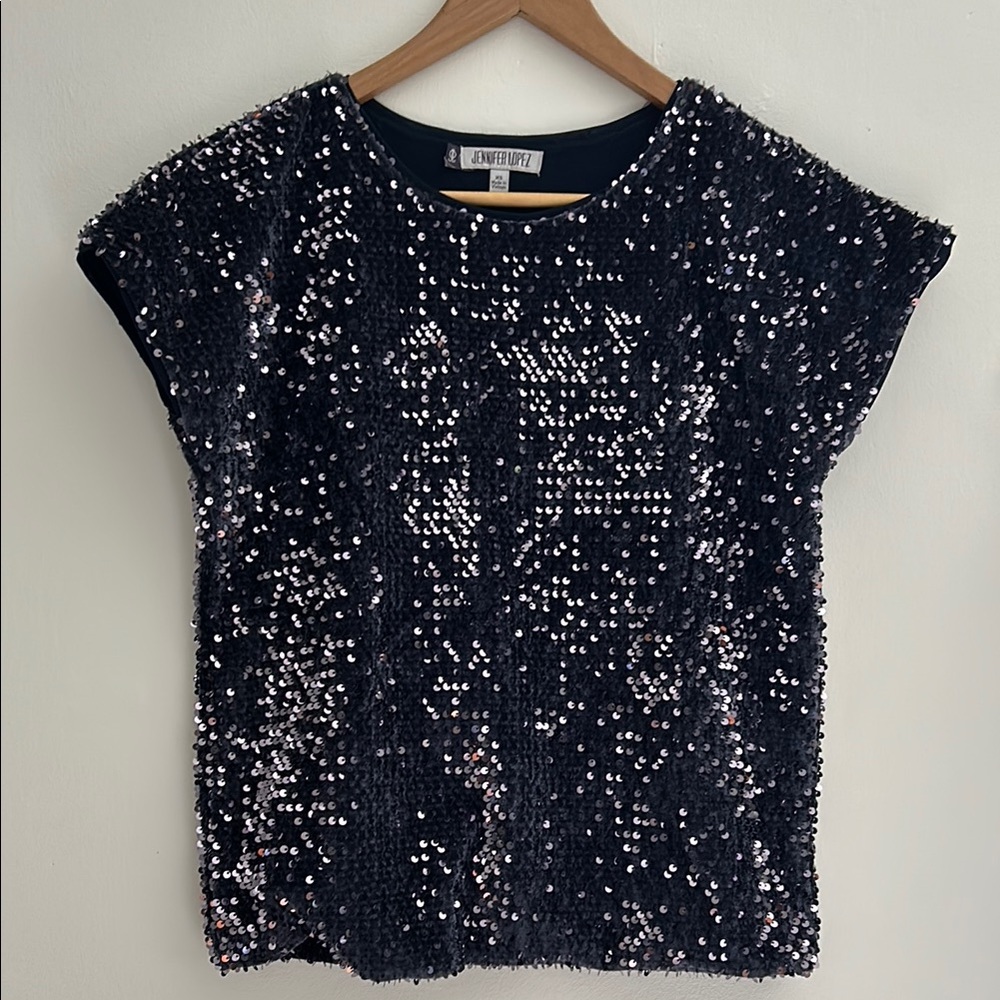 Navy Sequin Boxy cap Sleeve Top Fully Lined